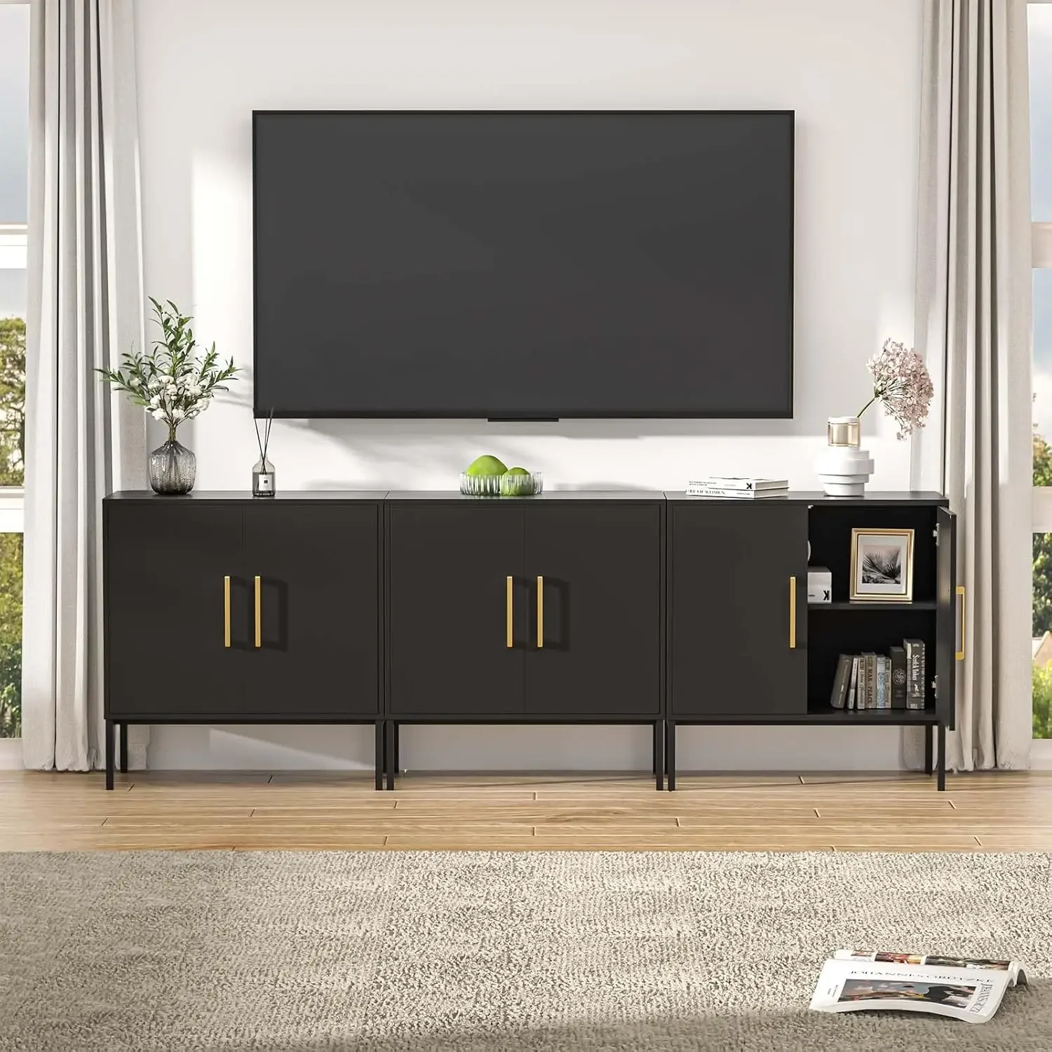 LYNSOM Set di 3 armadietti accentati con ante e ripiano regolabile, credenza moderna indipendente per buffet