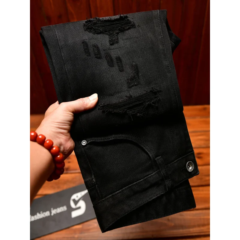

Черные укороченные джинсы с мужскими рваными нашивками и скрапрованным дизайном, модные уличные эластичные повседневные брюки в корейском стиле.