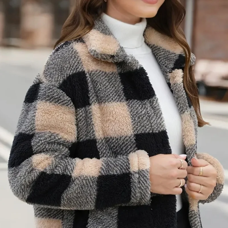 

Plaid Fluffy Long Sve Winter Faion Casual Outerwear Women's Jaet 2024 Versatile Loose Fit Thiened Polyester Fiber