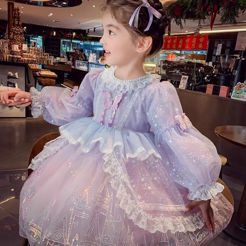 

Baby Girl Autumn Spring Purple Butterfly Lolita Shiny Lace Princess Ball Gown Dress for Birthday Holiday Party Eid Child Clothin
