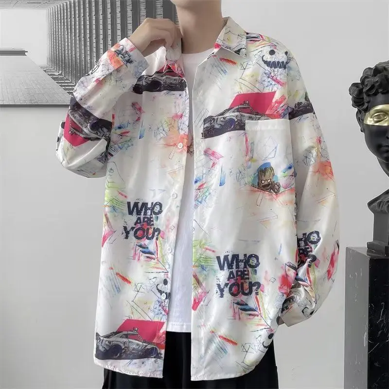 

Spring Autumn New Fashion Printing Long Sleeve Blouse Men's Clothing Color Blocking Port Wind Trend Single Breasted Chic Shirts