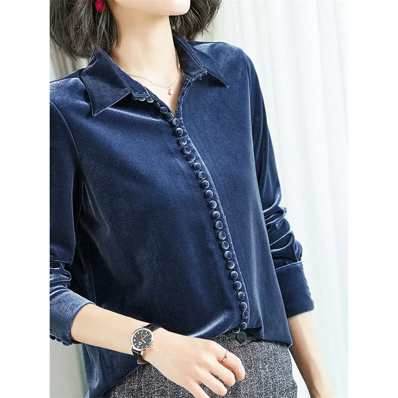 Golden Velvet Shirt Fashion Women Tops 2023 Spring Autumn New Loose Long-Sleeved Retro Coat Lapel Bottoming Shirt Female Blouse