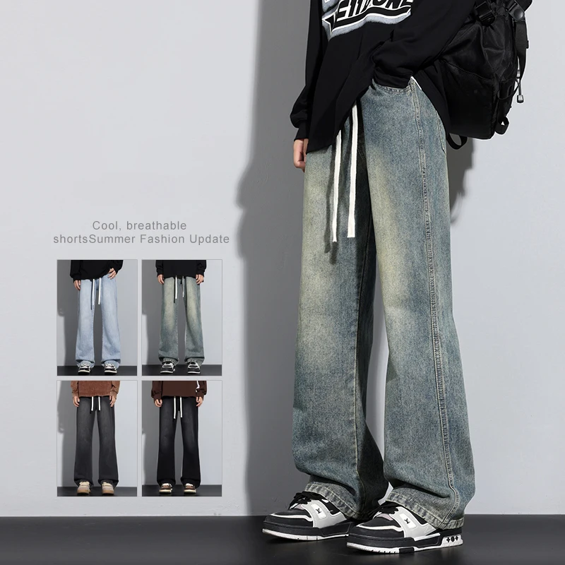 4 Colors Men's Vintage Bootcut Jeans Baggy Straight Elastic Waist Denim Trousers Fashion Korean High Street Casual Pants Male