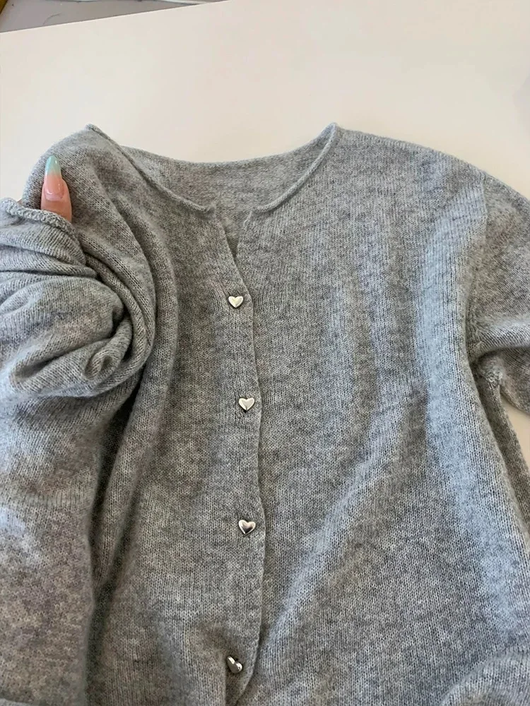 2025 new love silver button gray 100% wool cardigan women's small V-neck knitted top