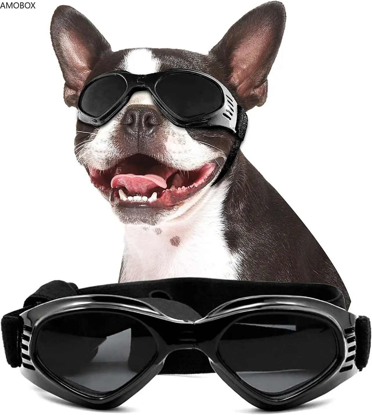 AMOBOX Dog Goggles Medium UV Protection Adjustable Boston Terrier Sunglasses Easy Wear Windproof Motorcycle Dog Glasses for Dogs