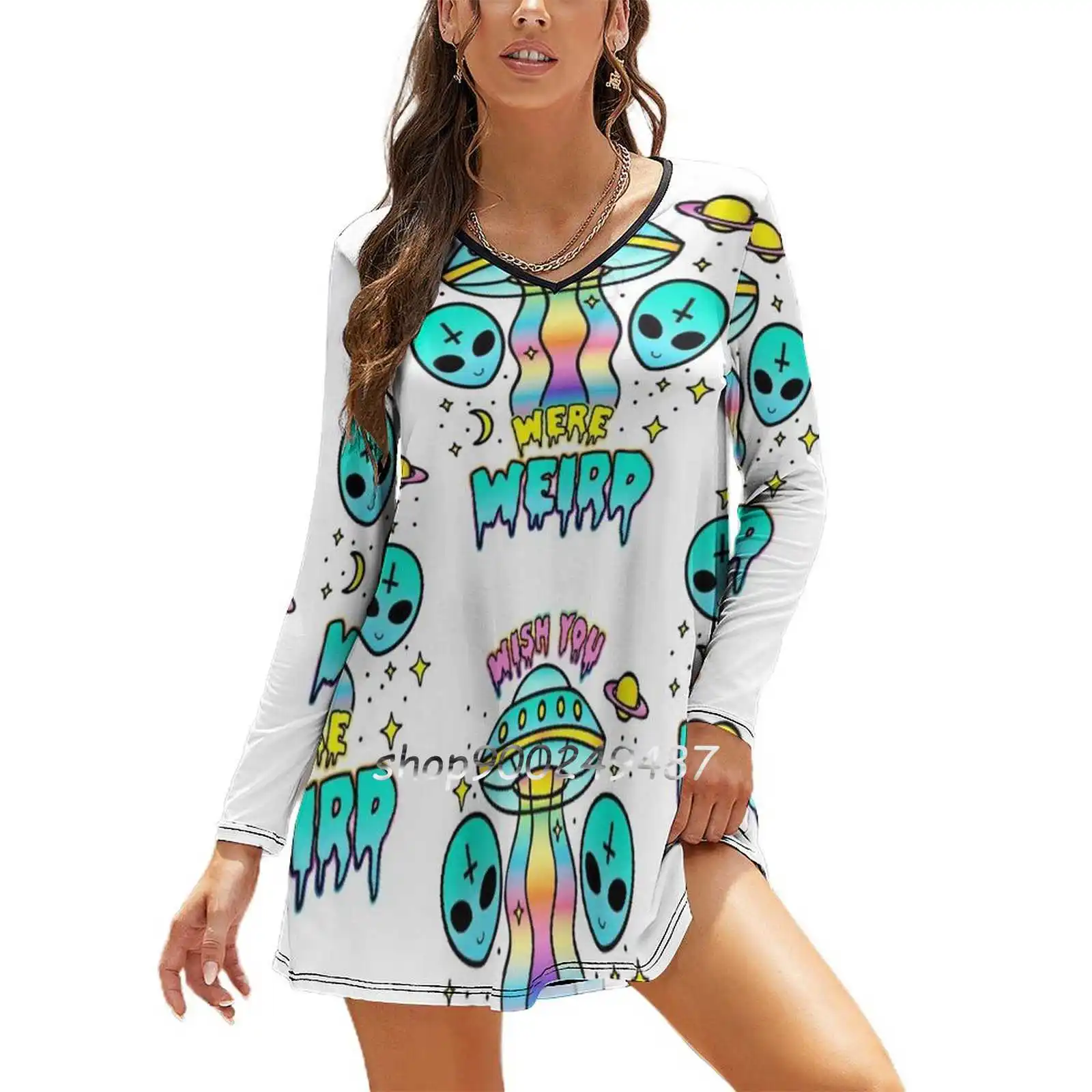 Wish You Were Weird Women Spring Autumn Long Sleeve Dress Female Casual Dress Wish You Were Weird Weird Ufo Spaceship Pastel