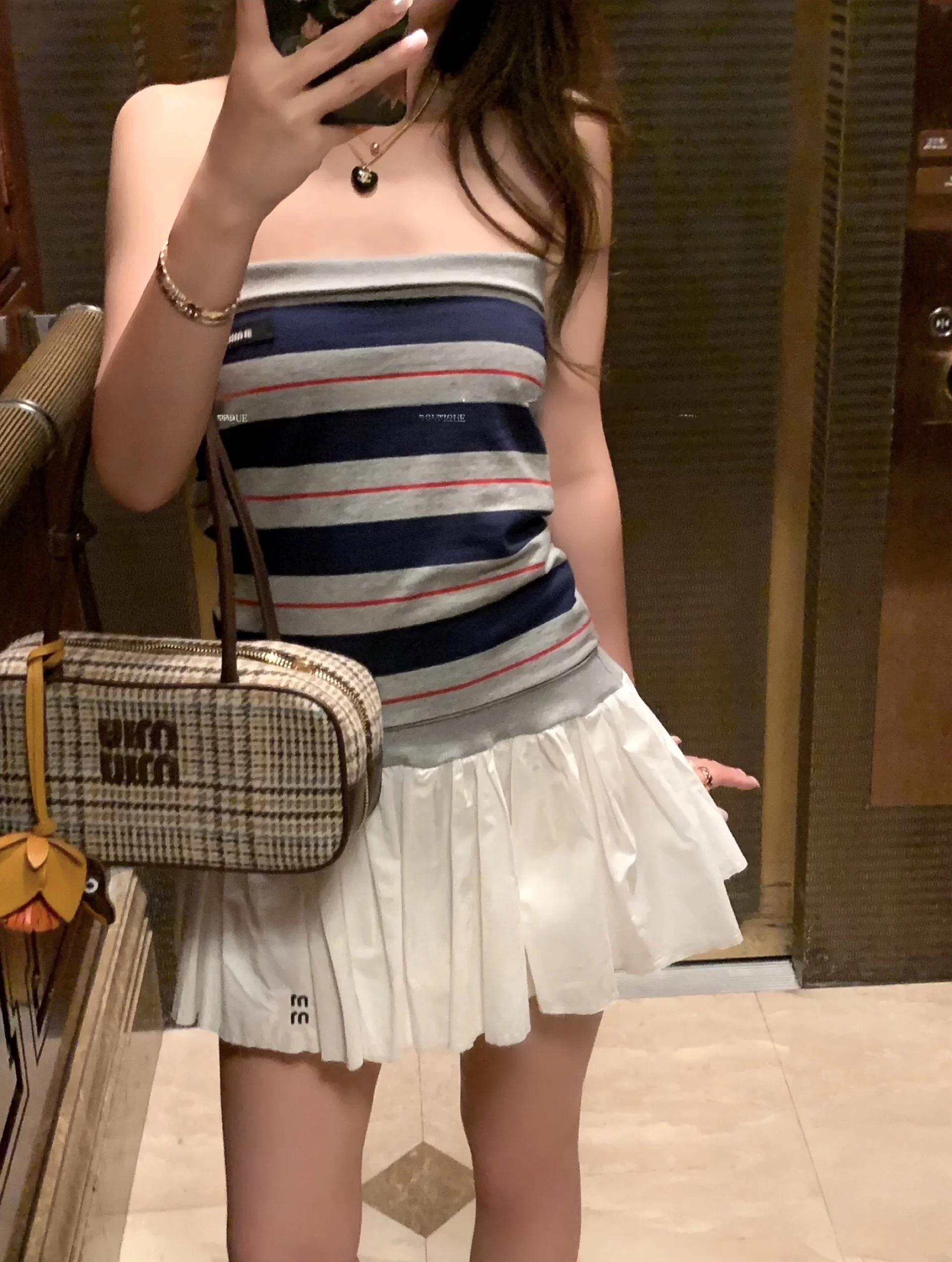 

Casual Sle Gingham Plaid One-oulder A-Line Dr Cotton Material Spring Summer Autumn Ladies Faion College Sle Skirt