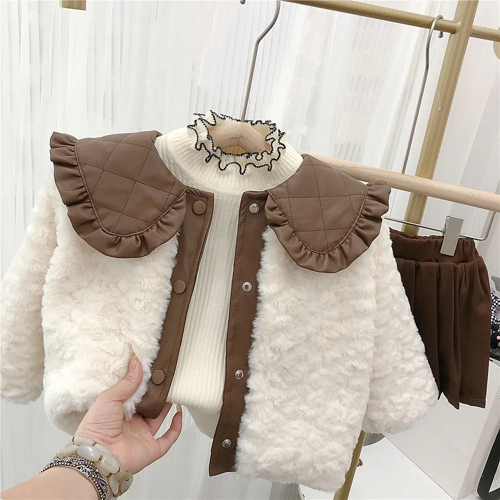 Jackets Girl Winter Plush Loose Coat Keep Warm Baby Thickening Children Clothing Tops 2024 Simple Fashion Open Stitch