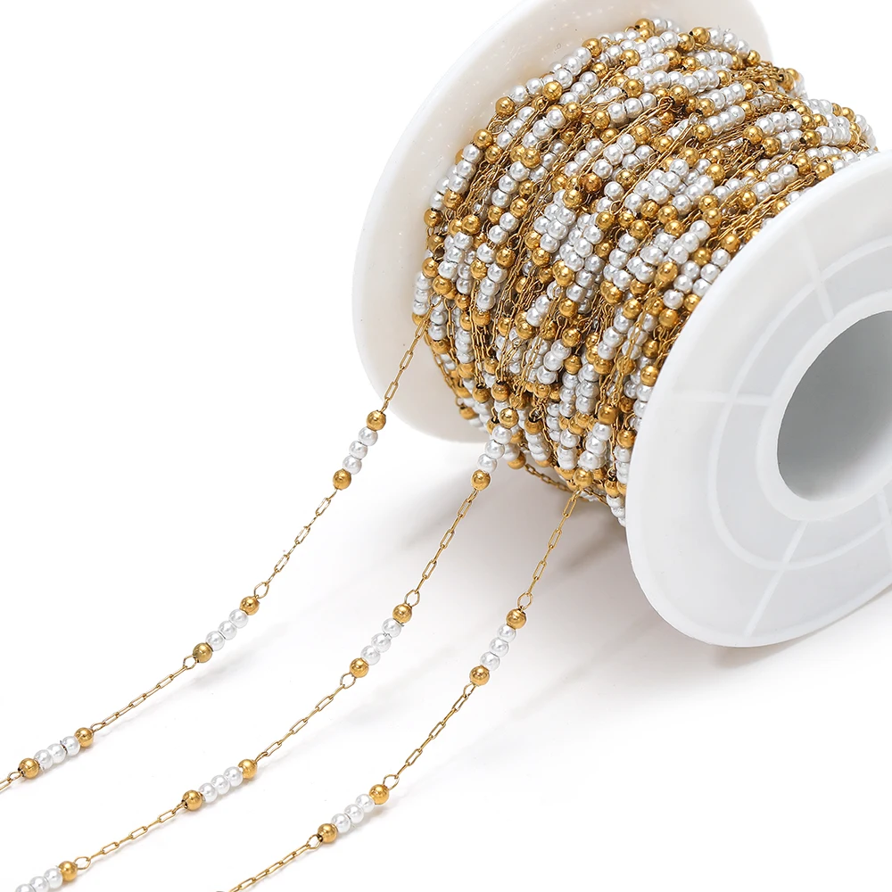 Chaînes de perles en pierre perlée dorée, 1 mètre, en acier inoxydable, 2mm, pour bricolage, résultats de bijoux, collier, Bracelet, fournitures, fabrication de boucles d'oreilles