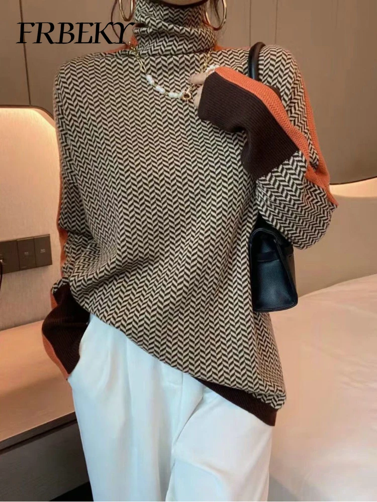 Sweater Women Autumn Long-sleeved High Collar Color Blocking Plaid Pullover Fashionable Versatile Sweater Korean Bottoming Shirt