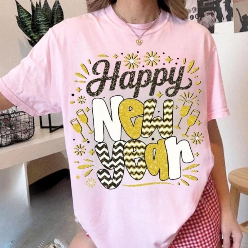 Disco Ball Shirt Black and Gold Sequins Glitter Leopard New Year Hello 2026 Adult Shirt Commuter All-match Regular Short Sleeve