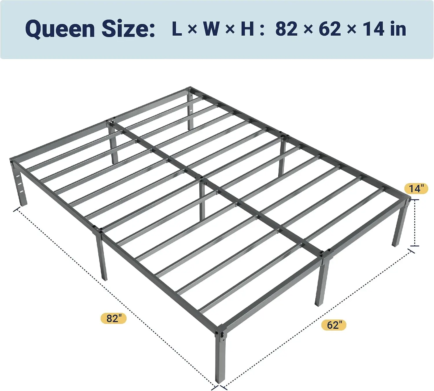 Queen Size Metal Bed Frame with Storage Space, 14-Inch Grey Bed