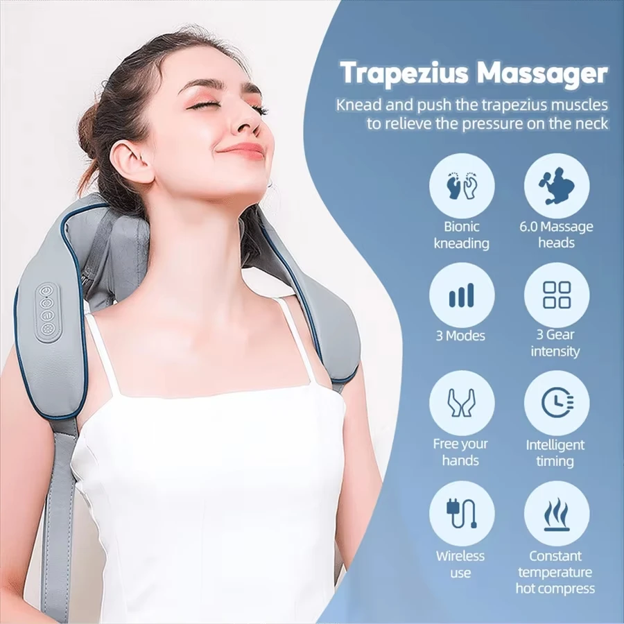 Neck and Shoulder Massager Deep Tissue Shiatsu Multifunctional Massage Shawl With Heat Pain Relief Electric Kneading Squeeze