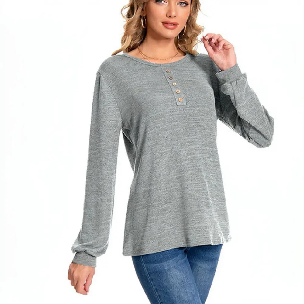 Autumn Winter Women Knitted Sweater Long Sleeve Round Neck Button Decor Casual Loose Fit Solid Color Fashion Chic Blouse