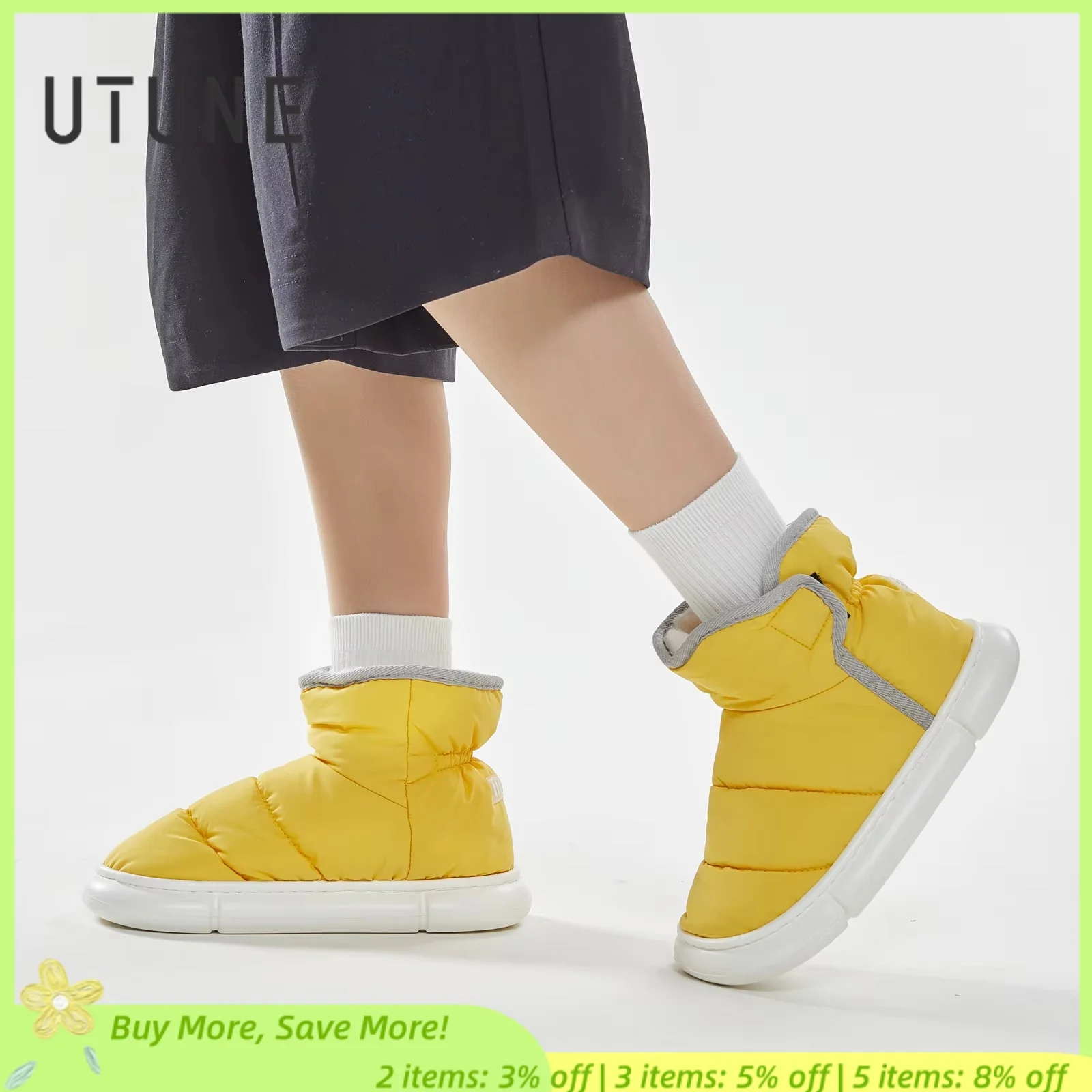 

UTUNE Winter High-top Men's Boots Hook and Loop Plush Insole Warm Women Slippers Outside Anti-splash Slippers Walking Relex New