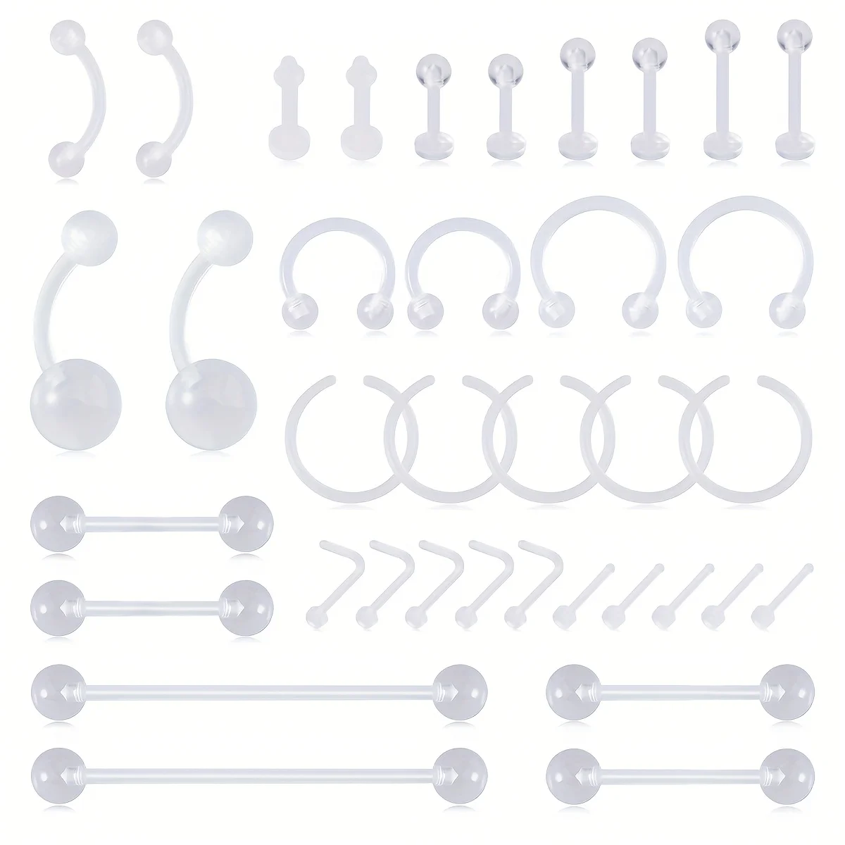 37pcs Clear Acrylic Nipple Tongue Nose Septum Eyebrow Belly Helix Cartilage Earrings Lip Labret Rings Studs Piercing Jewelry