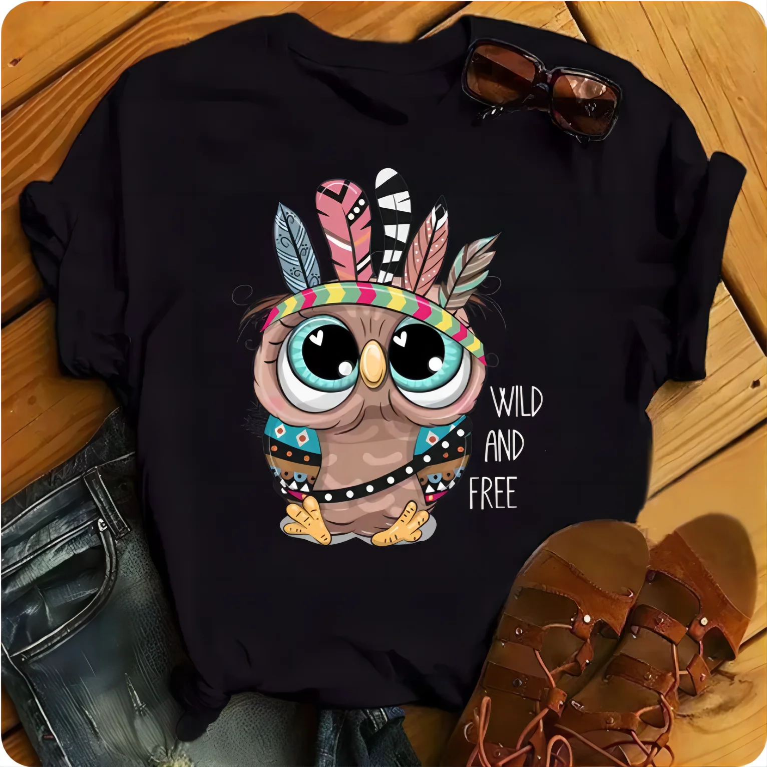 

Футболка женская с рисунком совы, Повседневная рубашка с милым рисунком, с коротким рукавом, черная футболка с круглым вырезом в стиле Харадзюку