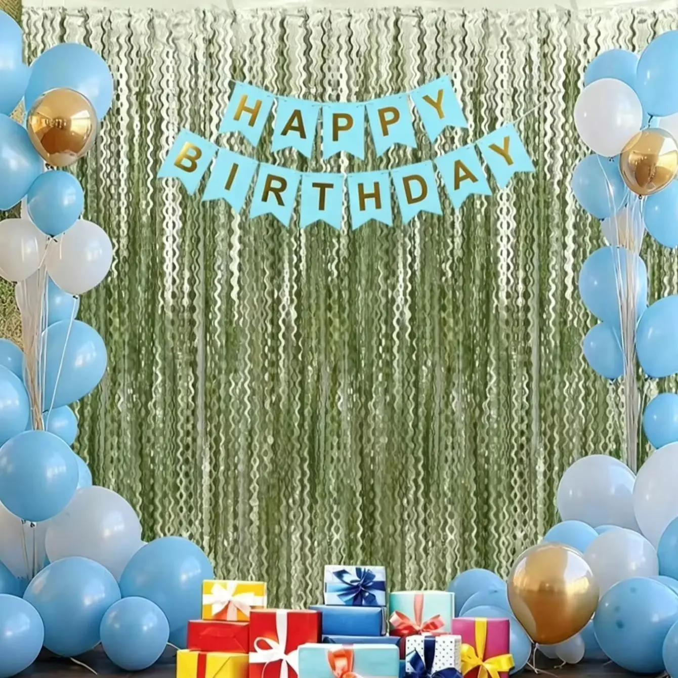 2 Stück Salbeigrüner Wellenförmiger Folien-Fransenvorhang Metallischer Lametta-Streamer Hintergrund für Geburtstag Babyparty Dschungel-Themenparty Dekoration ﻿ – Detail 2