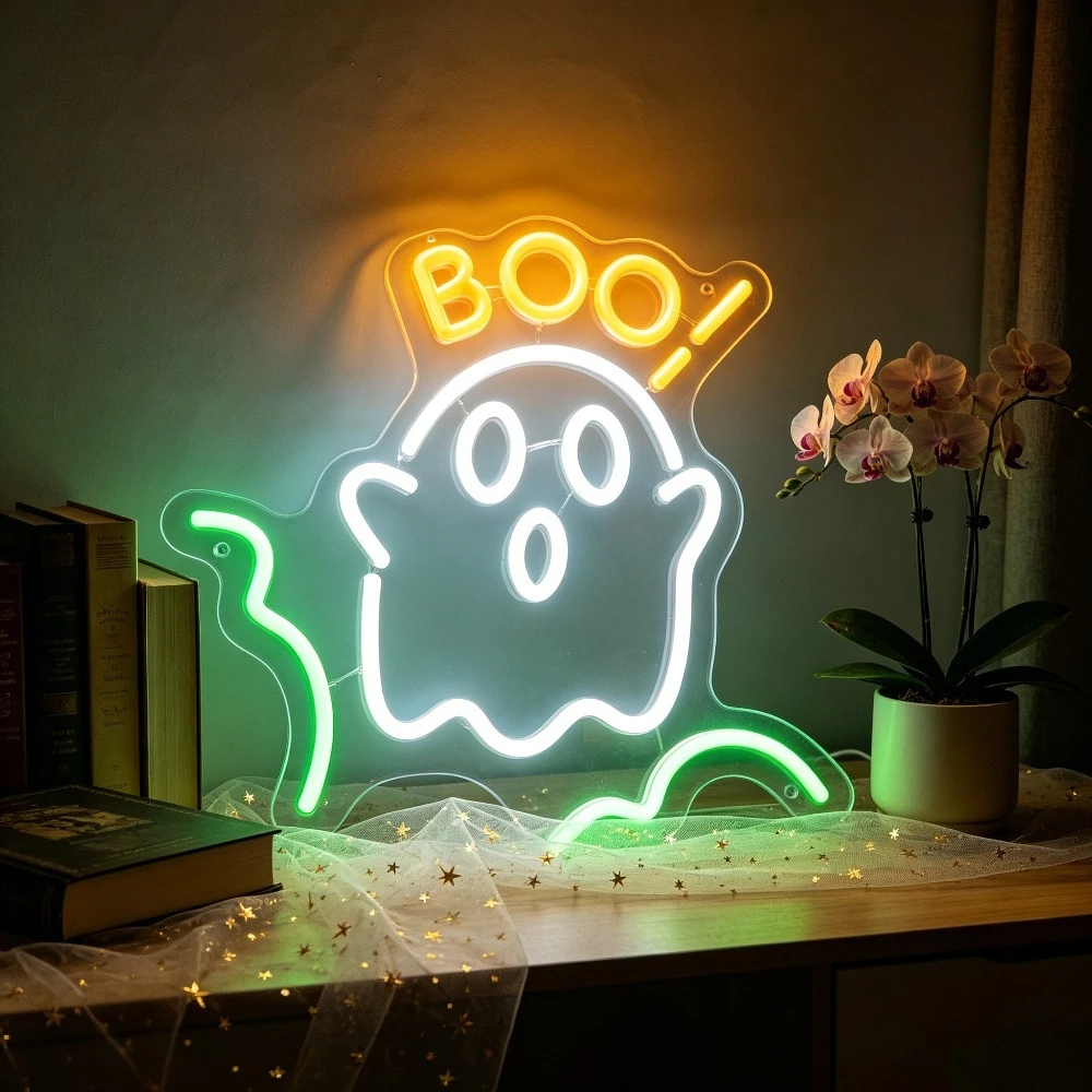 BOO Ghost LED Wall Light Dimmable Neon Sign Halloween Bedroom Decor Neon Light Kid Party Backyard Cabin Holiday Art Hanging Lamp