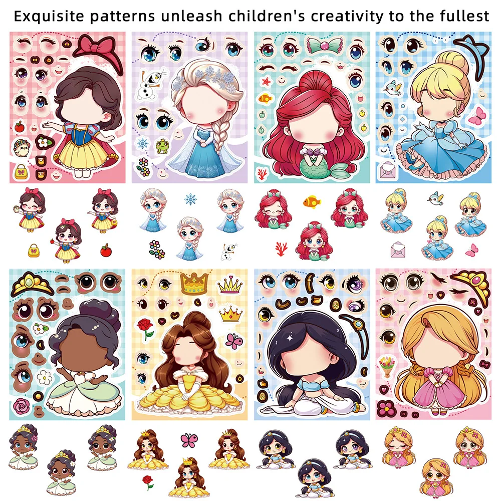8/24 قطعة ملصقات وجه متغيرة على شكل أميرة كرتونية يمكنك صنعها بنفسك كوب ماء مقاوم للماء ملصقات دفتر قرطاسية للأطفال