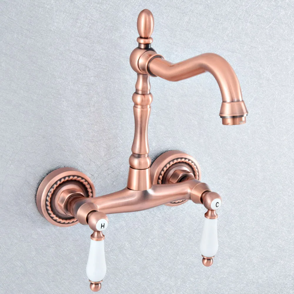 

Antique Red Copper Swivel Spout Kitchen Sink Faucet Wall Mount Bathroom Basin Cold Hot Water Taps Dsf885