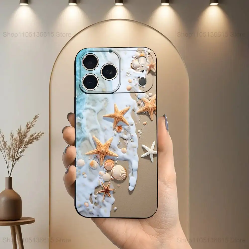 Casing Ponsel Starfish Beach Shells Untuk iPhone 17,16,15,14,13,12,11,Plus,Pro Max,XS,X,XR,SE,Mini,8,7, Penutup Silikon Lembut Hitam