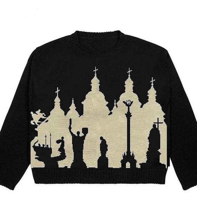 Autumn and Winter New Red Gothic Architecture Jacquard Sweater Knitted Sweater Winter Warm Top Harajuku Sweater y2k New Sweater