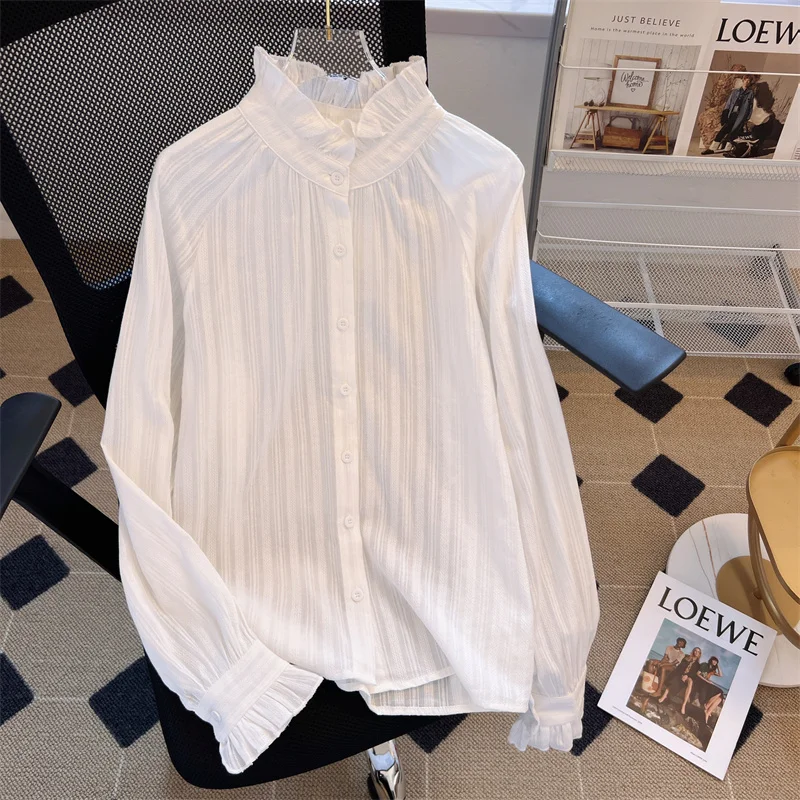 Women\'s Ruffled Blouse Autumn Simple White Long Sleeve Lotus Leaf Collar Casual Shirt Inner Bottoming Top Sweet Ladies Blouses