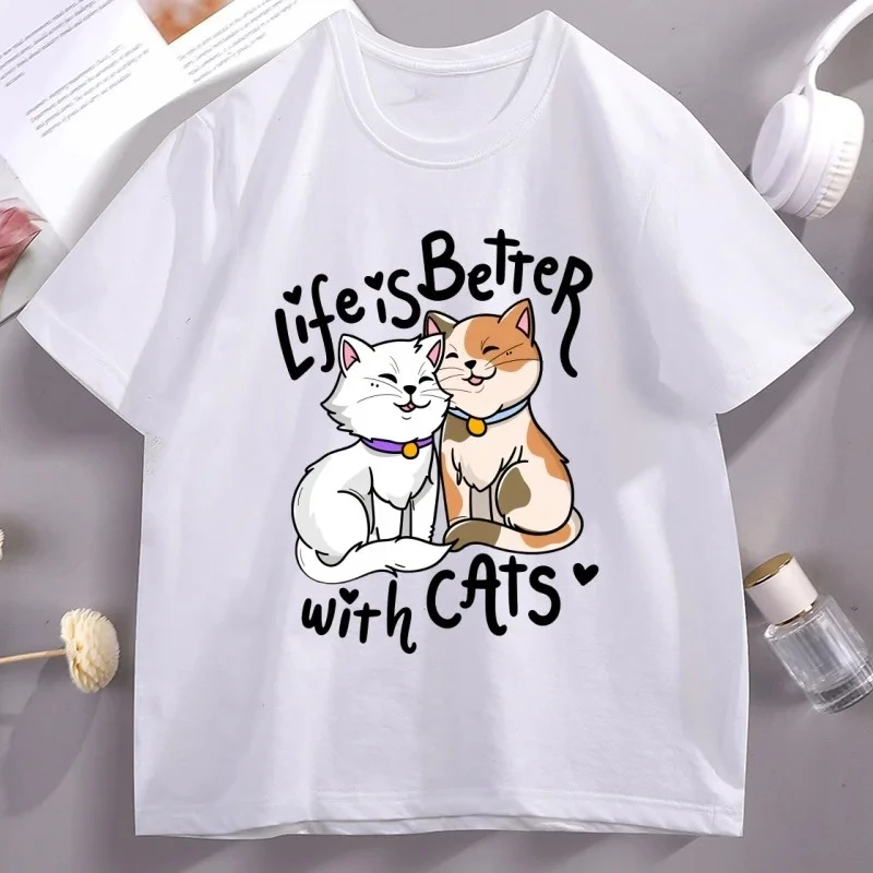 

Футболки с графическим рисунком "Жизнь лучше с кошками", забавные футболки с короткими рукавами и круглым вырезом ко Дню святого Валентина, уличная одежда, свободные топы