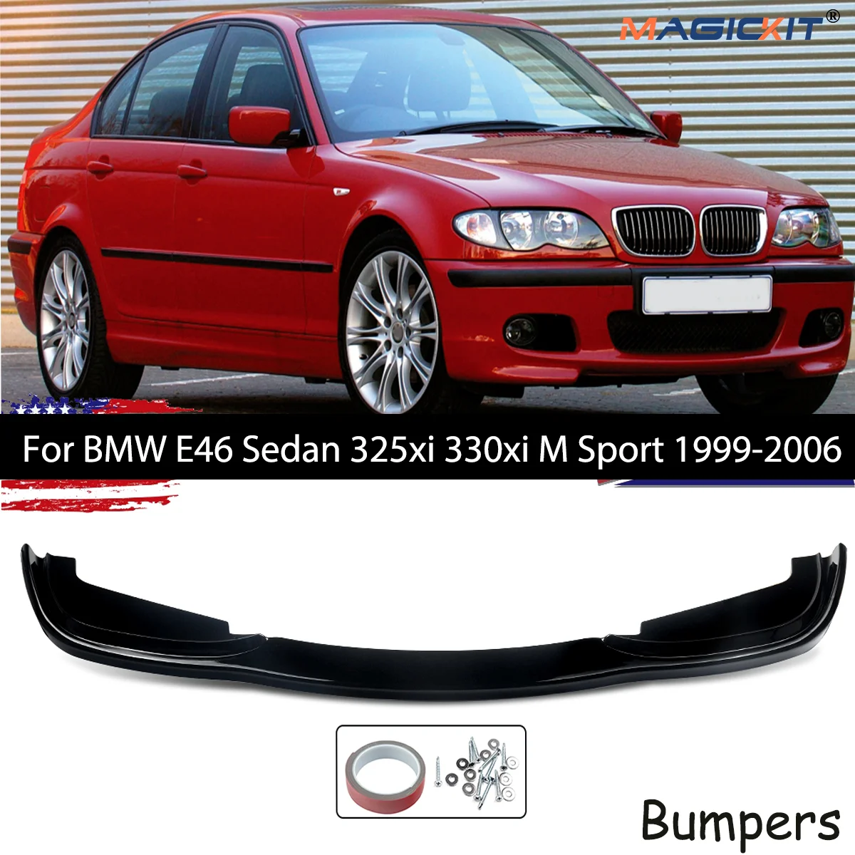 MagicKit Gloss Black Front Lip Spoiler For BMW E46 Sedan 325xi 330xi 4 Door M Sport / M Tech 1999-2006 Car Accessories Black