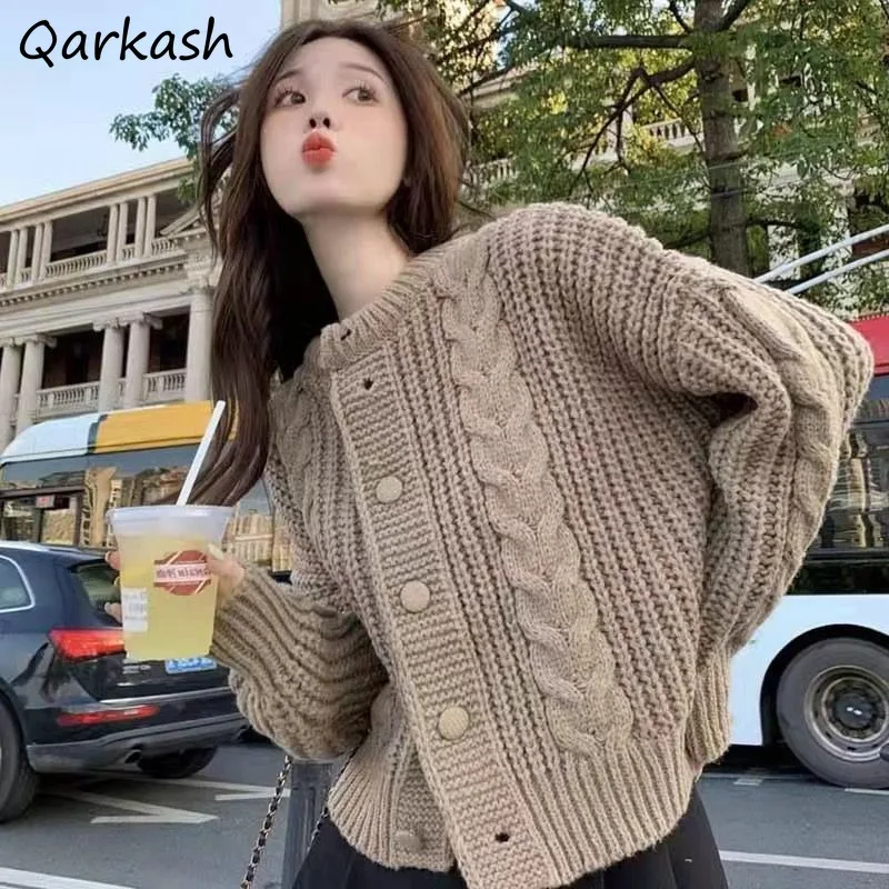 

Cardigans Women Preppy Style Fashion Solid Jacquard Simple O-neck Sweet Long Sleeve Sweater Vintage Loose Autumn Knitting