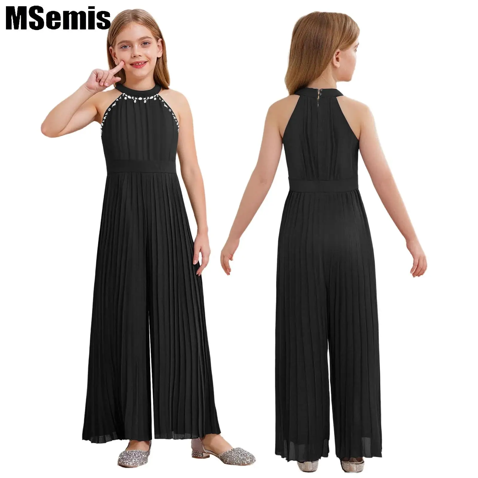 

Kids Girl Pleated Wide Leg Jumpsuit Beading Rhinestone Embellished High Waist Occasion Jumpsuit for Party Wedding Pageant Prom