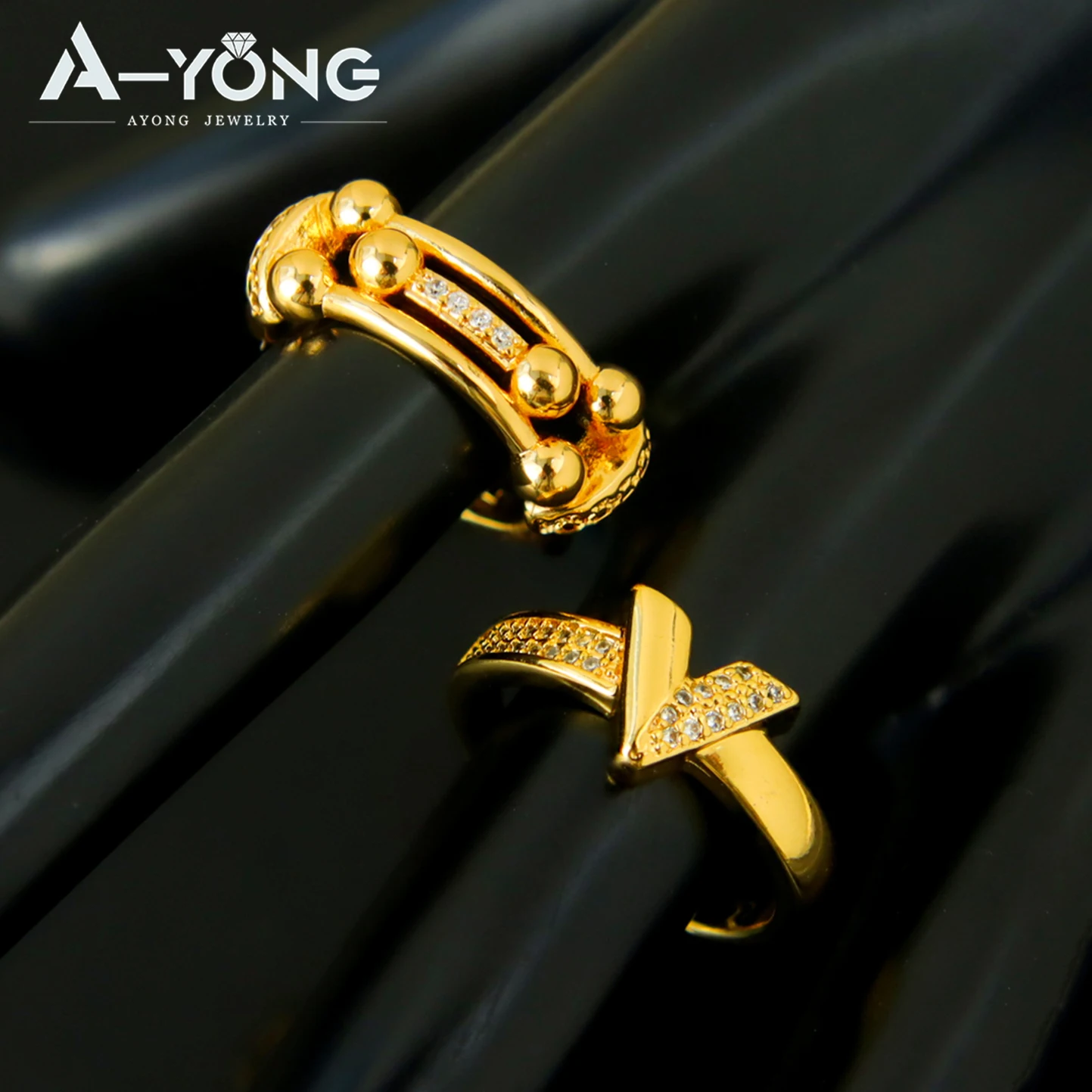 Dubai Brautschmuck-Set, 24 Karat vergoldet, italienische geometrische Zirkonia-Armreifen und -Ringe, Habesha-Schmuck für Damen, Event- und Party-Schmuck – Detail 6