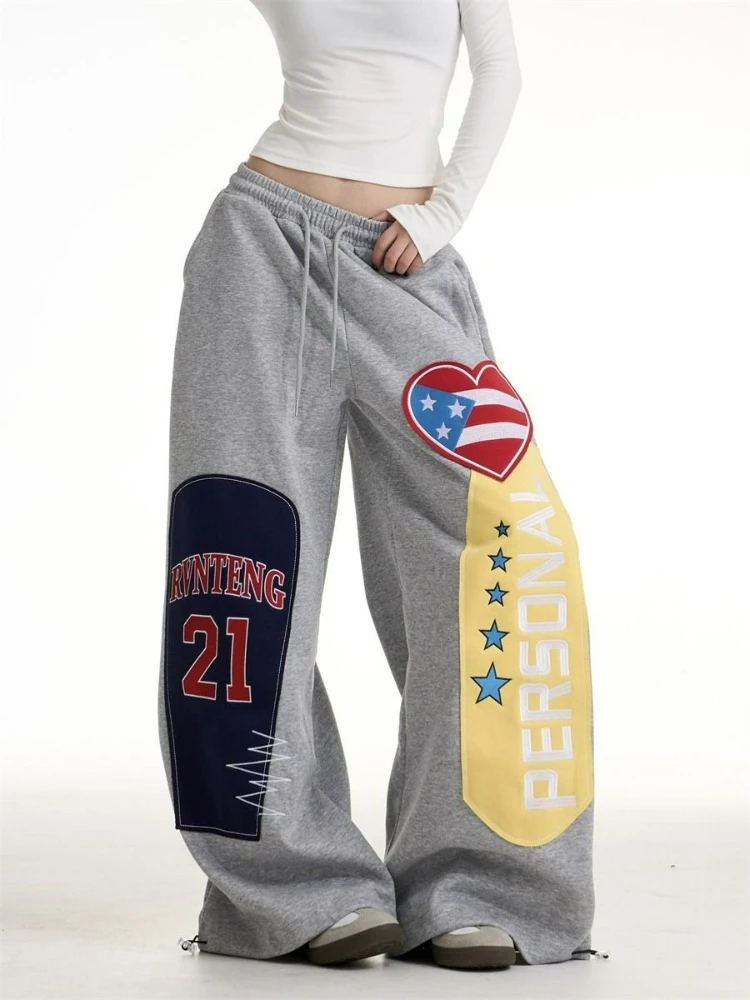 American Vintage Sweetheart Patchwork Curved Hem Sweatpants for Men and Women Hip Hop Dance Wide Leg Casual Style