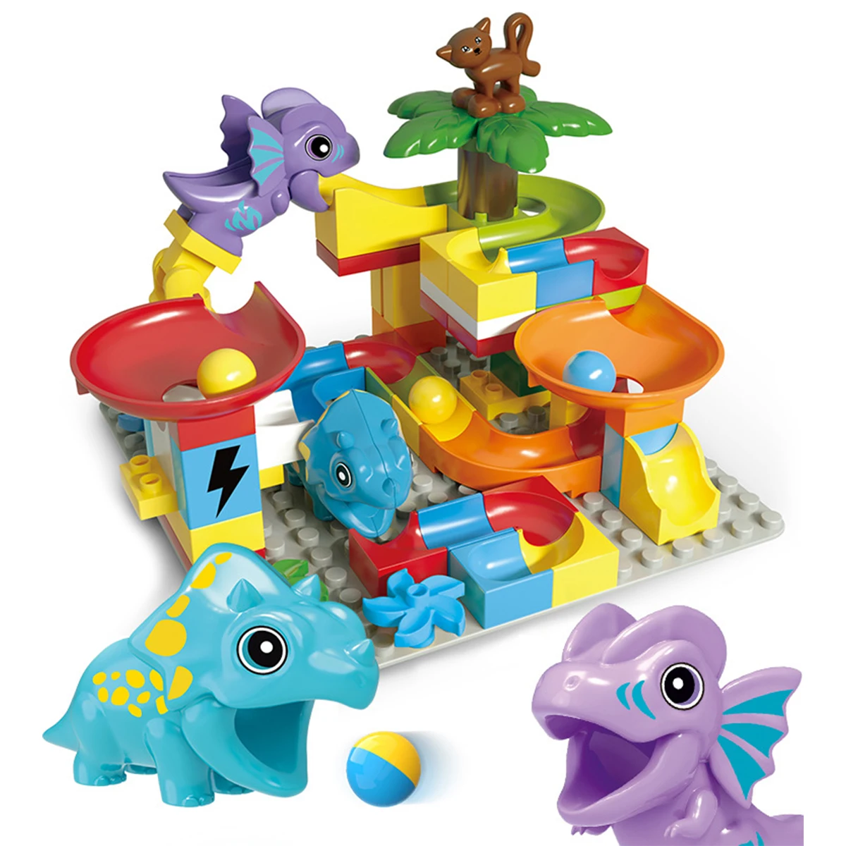 55PCS Große Bausteine Marmor Rennen Run Track Dinosaurier Und Große Ziegel Rolling Ball Rutsche Trichter Spielzeug Für Kinder pädagogisches Spielzeug