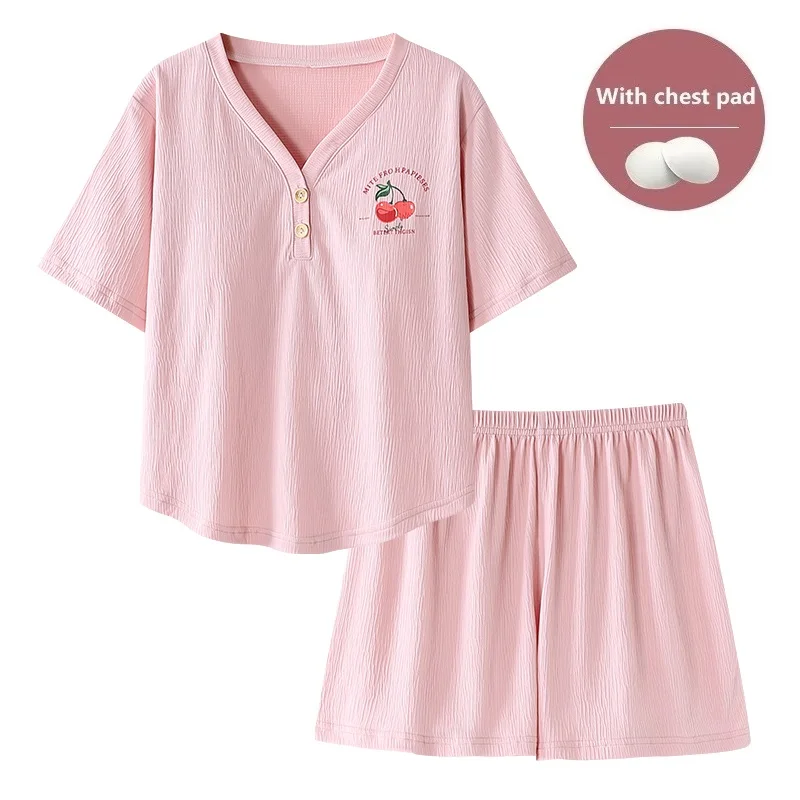 Pajamas Sets Women With Chest Pads Cotton Fashion Short Sleeve Sleepwear Suit 2 pieces/set V-Neck Summer Home Female Lounge Gift