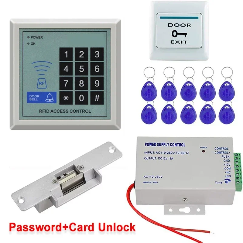 Access Control System Kit RFID Keypad Card Reader Power Supply &Exit Button&10pcs Keyfobs (Without Lock)