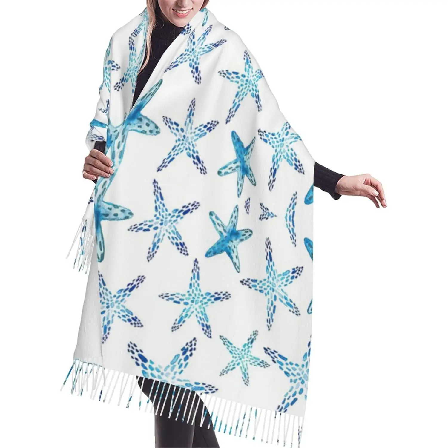 

Милый шарф с бахромой и принтом морской звезды, легкий женский модный шарф, мягкая шаль, шарф с кисточками, подарок