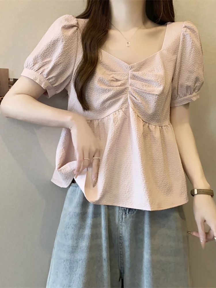 

plus Size Women's Bubble Sleeve Short Sleeve Shirt Loose Fitting Sweet Style Summer Top for plus Size Pear Shaped Shaped
