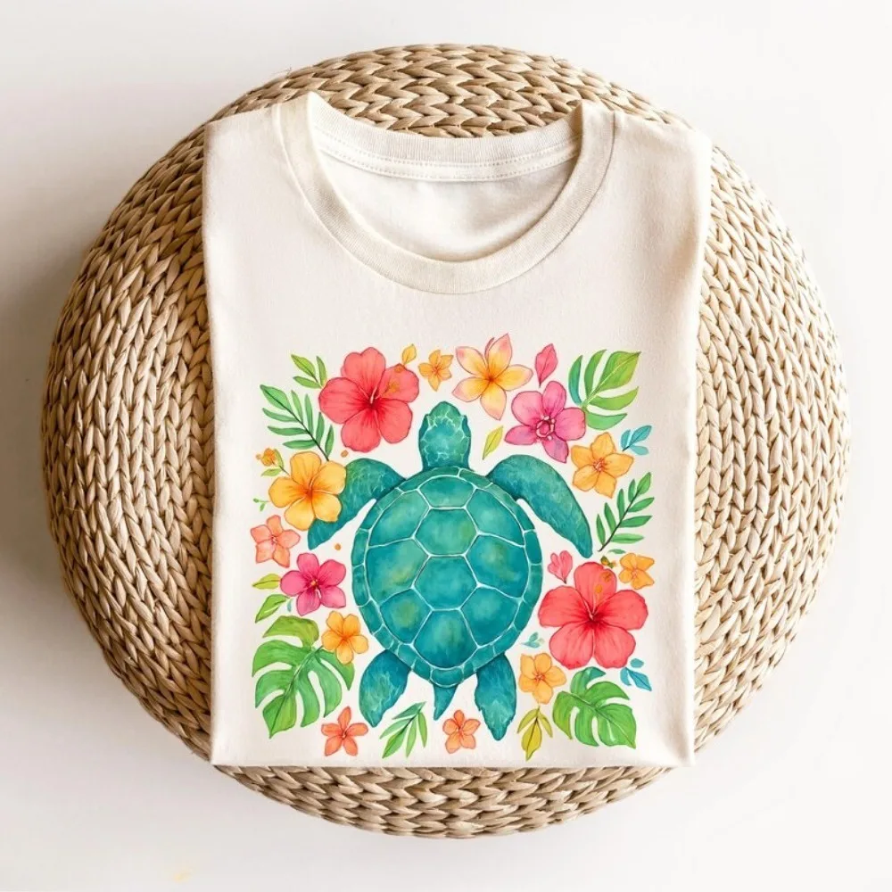Floral Sea Turtle Women Shirt Summer Beach Tees Coastal Turtle Lover Gift Ocean Gift Beach Vacation Clothes Casual T Shirt