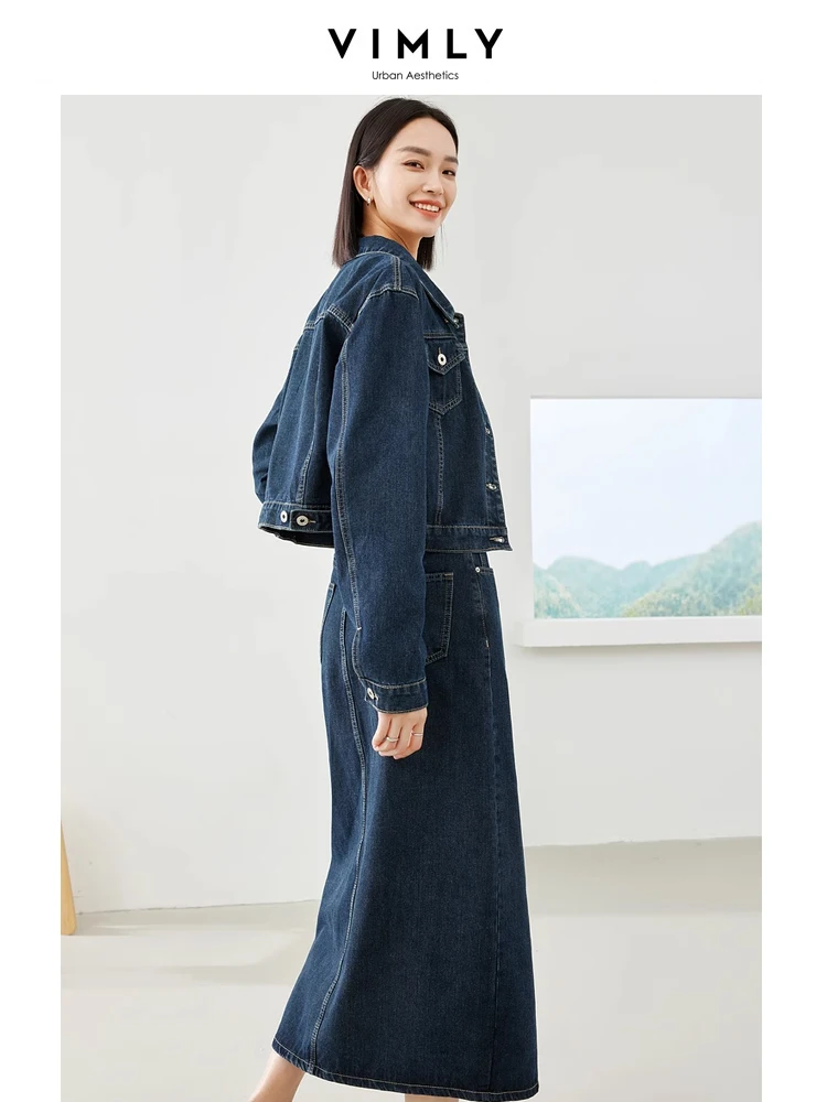 Vimly Denim Skirt Set Lapel Jean Jacket Split Midi Skirt 2 Piece Outfit Set Women 2024 Spring New Female Matching Sets 72685