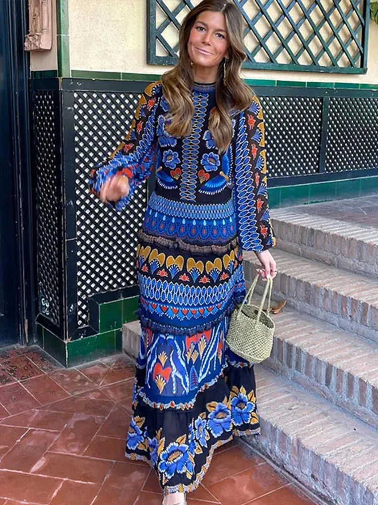 Vintage Print O-Neck Patchwork Maxi Dress Women Fashion Lantern Sleeves Loose Long Dresses 2024 Lady Casual Vacation Streetwear