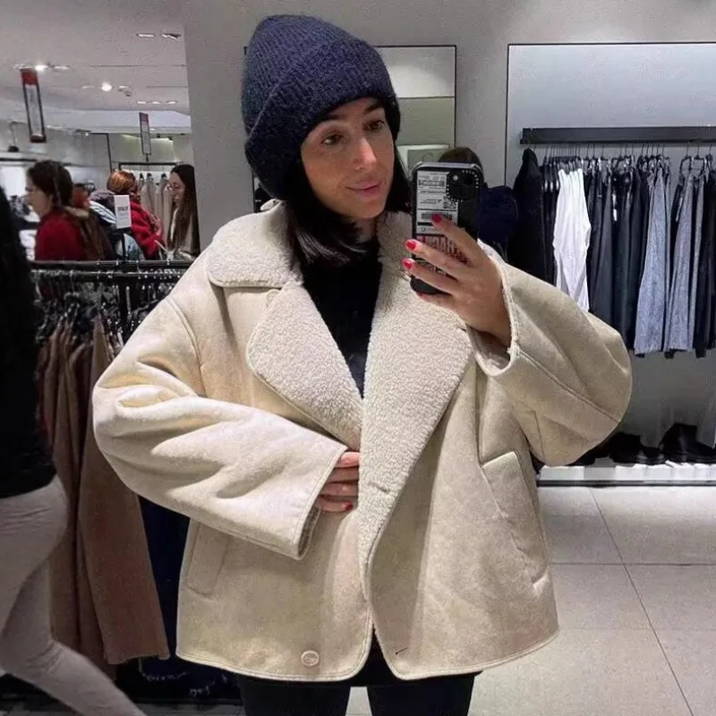 

Warm Suede Faux Fur Integrated Autumn New Women's Coat Elegant Commute Style Polyester Fabric Pure Color