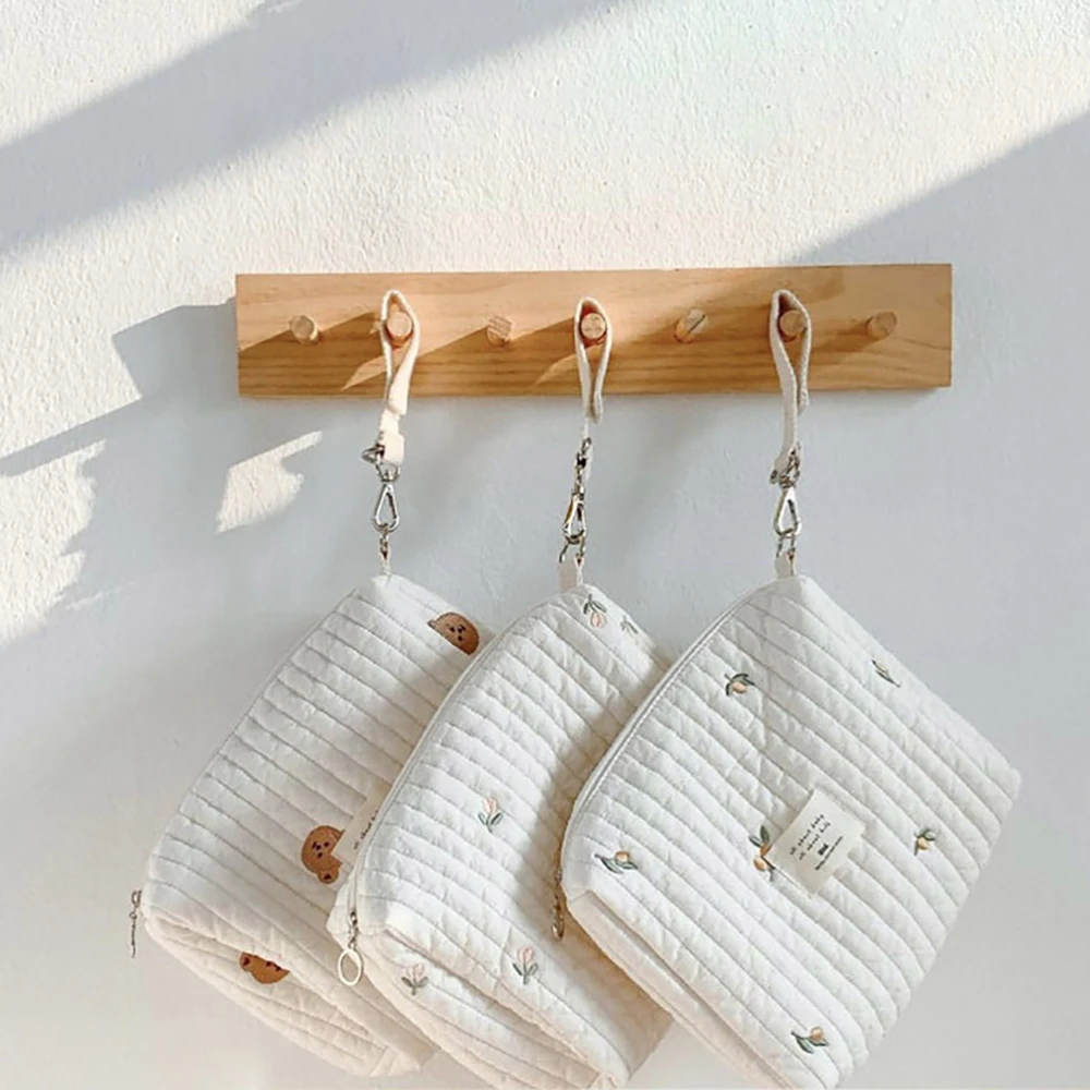 Bolso para cochecito de bebé de algodón acolchado bordado con cremallera Ins, bolsa para pañales, bolsa para botellas, bolso totalmente de algodón, usos múltiples