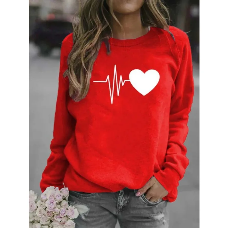 Women's Heart-shaped ECG Printed Round Neck Casual Hoodie Sweatshirts  Aesthetic  Sweatshirt  Streetwear Women  Harajuku