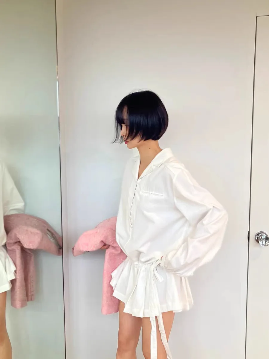 Romantic Bow-Tied Pleated Spring Summer Women's Dr High Waist A-Line Casual Sle Long Sve  Collar Two-Piece Set