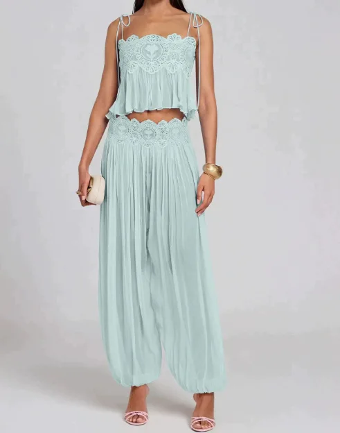 Women Long Pant Set Square Neck Sheer Ruffle Hem Crop Cami Top High Waist Wide Leg Trousers Elegant Lace