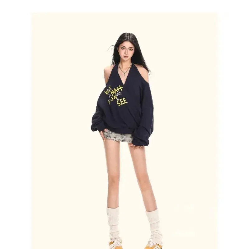 Spicy Girl Letter Printed Halter Off Shoulder Sweatshirts Autumn Irregular Casual Versatile Tops Y2k Loose Streetwear
