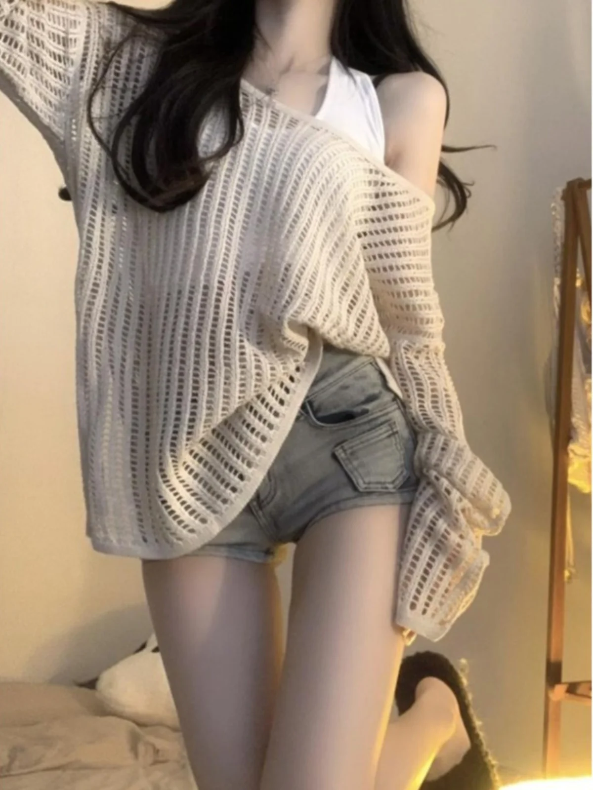 

Women's Summer New Loose Striped See-tough Long Sve Knitted Cover up Top Hollow out Design Sun Protection Outerwear