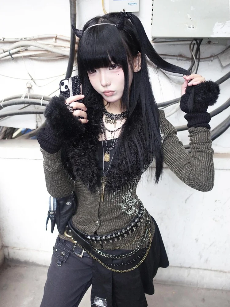 

Вязаное облегающее женское пальто с меховым воротником в американском стиле ретро Y2K Millennium Hot Girl Abi Street Sle Long Sve V-Ne ort Coat